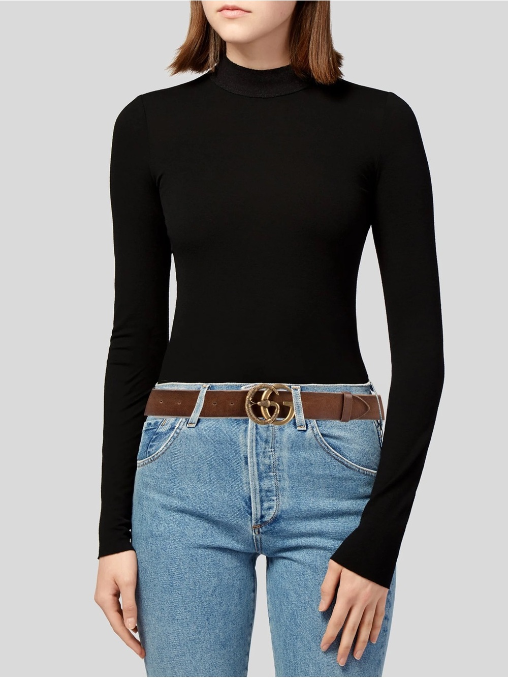 Gucci Double G Logo Leather Belt featuring a distinct snake buckle